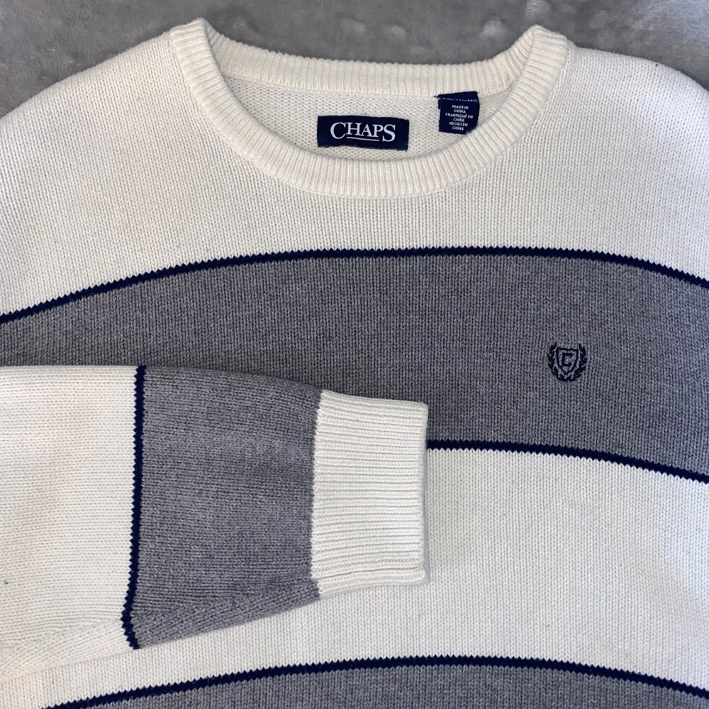 Chaps Mens Sweater XXL/TTG/EEG Cream Gray Navy Stripe Crew Neck Logo